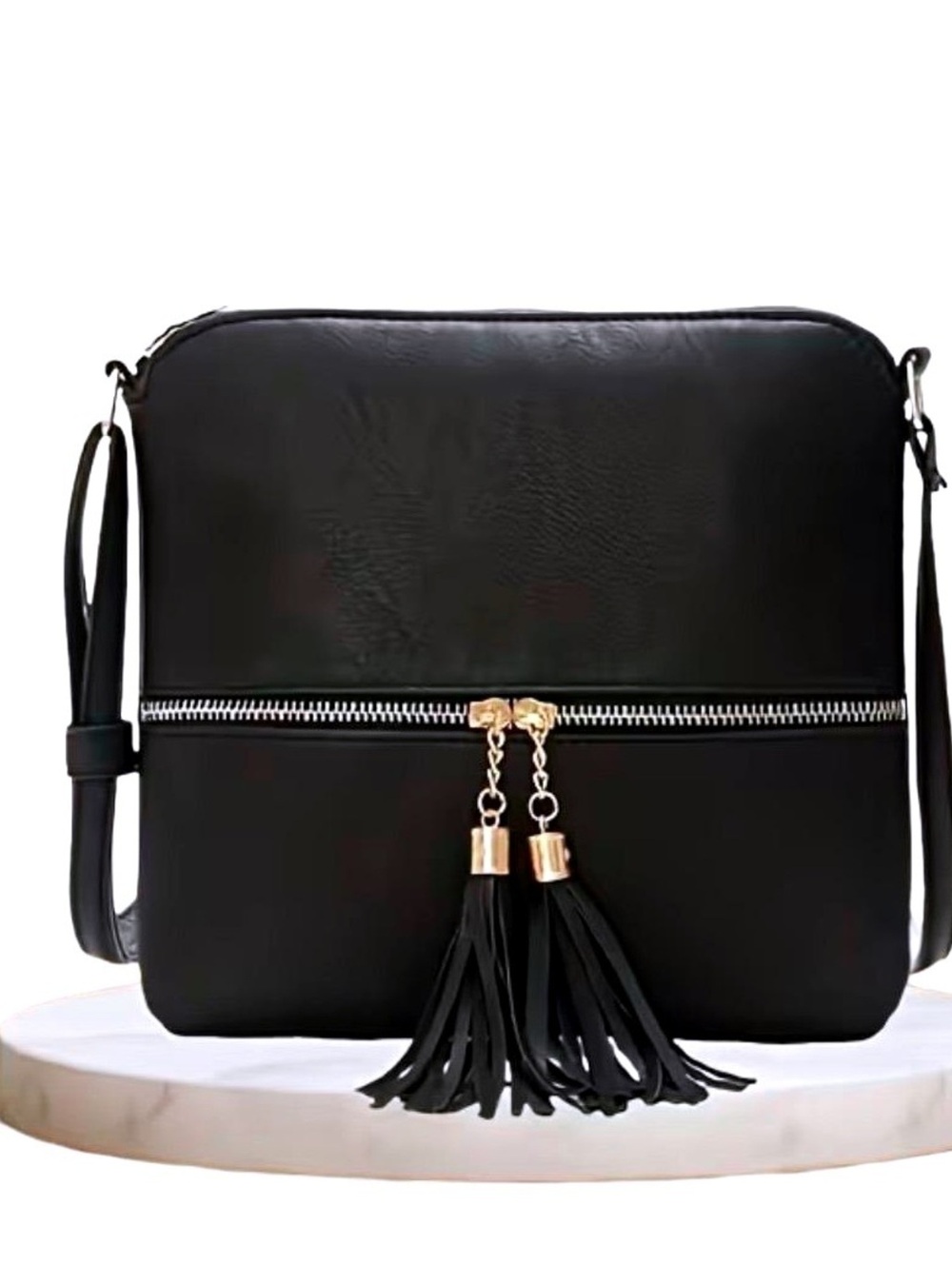 New -Sleek & Stylish Black Faux Leather Crossbody Bag w/Tassel Detail